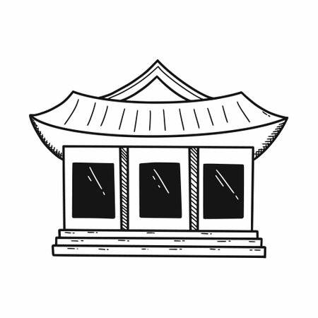 Hanok. Traditional Korean house. East Asian culture. Vector doodle illustration. sketch. architecture of the city.のイラスト素材