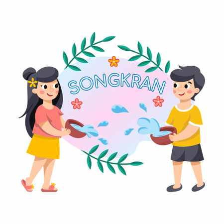 Songkran. New Year in Thailand. Happy children pour water on each other. national holiday. boy and girl. Neptune day.のイラスト素材