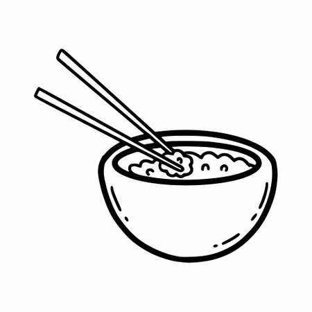 Rice in plate and Japanese chopsticks. Vector doodle illustration. Sketch by hand. icon.のイラスト素材