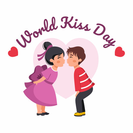 World Kiss Day. boy kisses girl. Cute illustration with children. Couple in love. Valentine day card.のイラスト素材