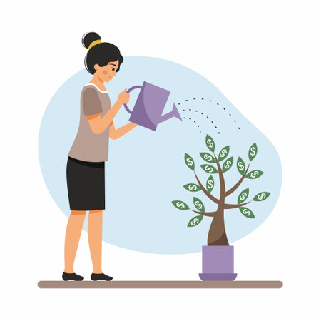 Business woman water money tree from watering can.のイラスト素材