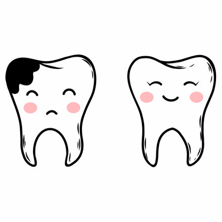 two cute teeth. dental decay. Vector doodle illustration on the topic of dentistry.のイラスト素材