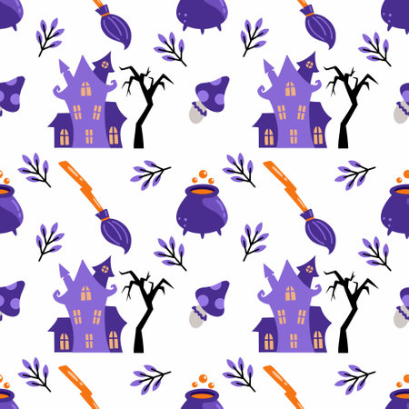 Seamless cute pattern for Halloween. Festive wallpaper with witch magic castle. Background for printing on fabric and wrapping paper.のイラスト素材