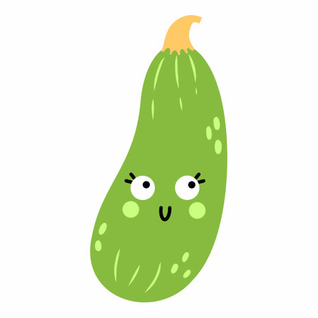 Cute funny zucchini with face and emotions. Vector isolated illustration for children.のイラスト素材