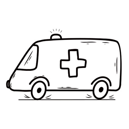 An ambulance. Vector doodle illustration. Coloring book for children. contoured hand drawn image.のイラスト素材