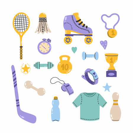 Set of bright sports elements in doodle style. tennis racket and shuttlecock. Roller skates for outdoor activities. Medal and cup for the championのイラスト素材