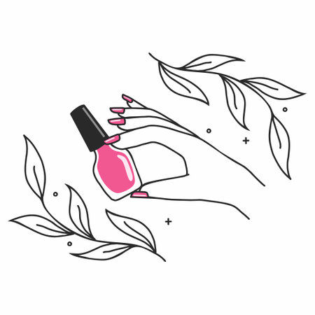 beautiful female hand holds bottle of pink nail polish. beauty illustration on theme of manicure. stylish logo for beauty salon.のイラスト素材
