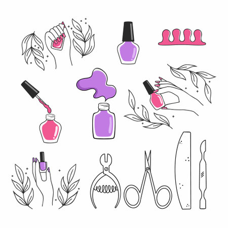 set of elements on theme manicure and pedicure. Hand drawn illustrationのイラスト素材