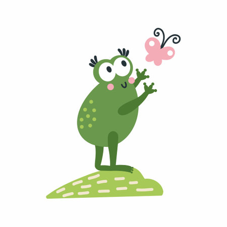 Cute frog catches butterfly. Vector illustration for children in style of doodles. Postcard design element.のイラスト素材