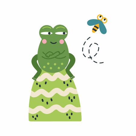 Cute frog sits and catches fly. Vector illustration for children in doodle style. Postcard design element.のイラスト素材