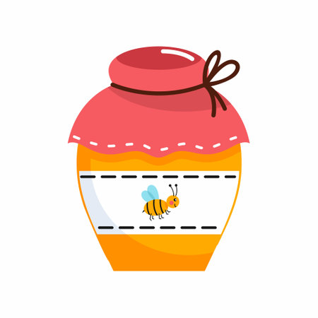 jar of honey on white background. Cartoon illustration on theme of beekeeping.のイラスト素材