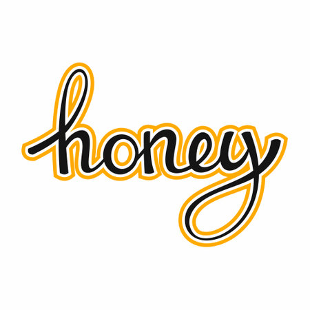 word honey on white background. Lettering by hand. postcard decoration element.のイラスト素材
