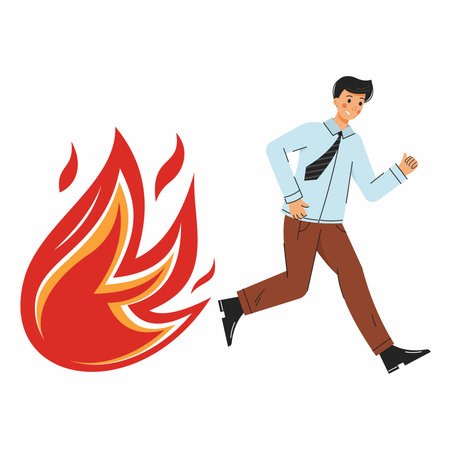 man runs away from large flame. Evacuation in case of fire. Office safety measures. Vector illustration in a flat style.のイラスト素材
