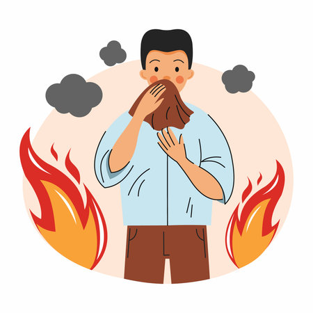 man covers his nose and mouth with cloth to shield himself from smoke during fire. Flames and smoke are visible in background, indicating dangerous situation.のイラスト素材