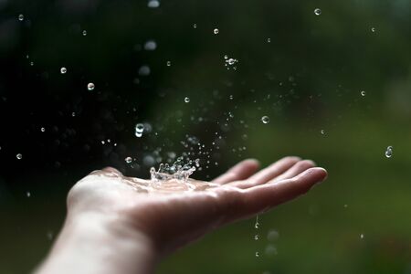 Hand of woman catching raindrops.の写真素材