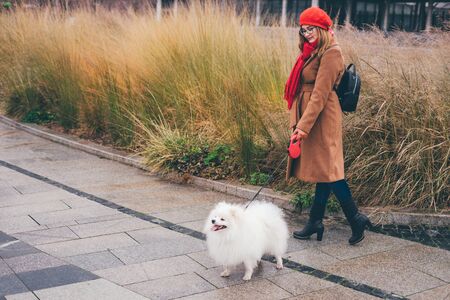 Beautiful smiling girl in a red beret and a brown coat walks with a white pomeranian spitz in autumn park .の写真素材