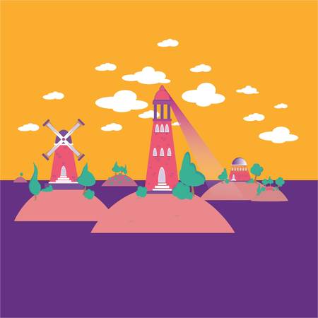 Abstract cartoon illustration of isle hills with mill , park , lighthouse , in the sea .のイラスト素材