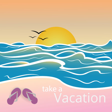 Take a vacation poster . Beach sunset in pink and blue colors.のイラスト素材