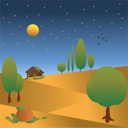 Autumn night house cartoon landscape.のイラスト素材