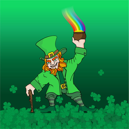 Saint Patrickâs day poster with Leprechaun with  treasure, rainbow on  green background of cloverのイラスト素材