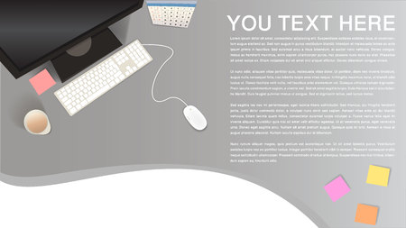 Workplace with computer, memo, mouse and surface to text.のイラスト素材