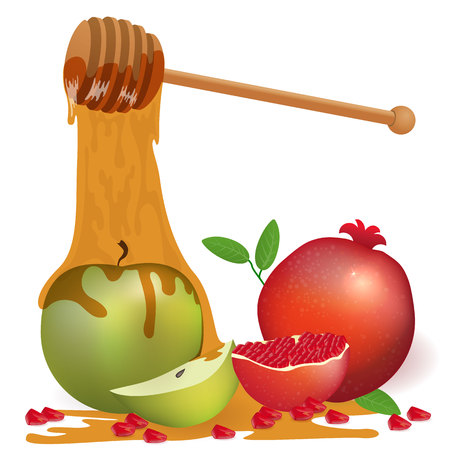 Vector illustration greeting card, background with apple honey and pomegranate. Shana Tova. Jewish happy new year illustration.のイラスト素材