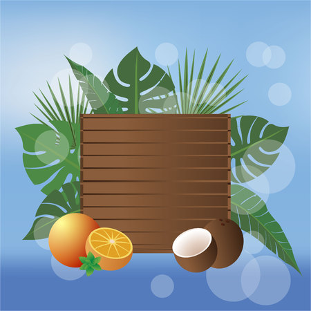 Summer banner beach style vector illustration , wood desk and tropic fruits with blurred sky and seaのイラスト素材