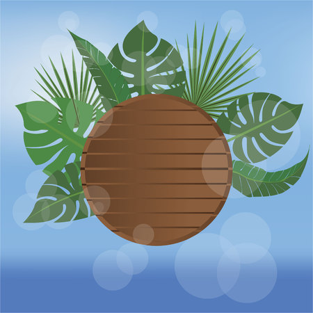 Summer banner beach style vector illustration , wood desk and tropic palms leafs blurred sky and seaのイラスト素材
