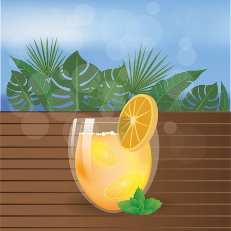 Summer beach  tea or juice on wood table with palms leafs and sea .のイラスト素材