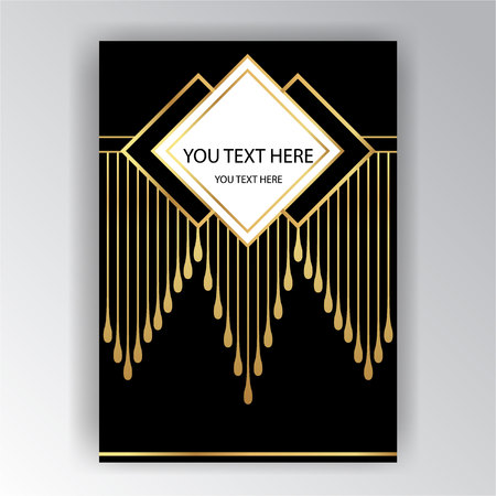 Art Deco template golden-black, A4 page, menu, card, invitation, Sun and city lights in a ArtDeco/Art Nuvo style, beautiful bakcground .のイラスト素材