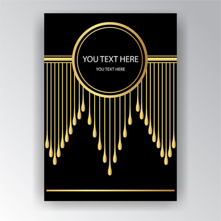 Art Deco template golden-black, A4 page, menu, card, invitation, Sun and city lights in a ArtDeco/Art Nuvo style, beautiful bakcground .のイラスト素材