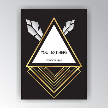 Art Deco retro American native background for print and web design flyer, party invitation card, geometric golden black and white triangle with feathers .のイラスト素材