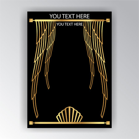 Art Deco template golden-black, A4 page, menu, card, invitation, Sun and city lights in a ArtDeco/Art Nuvo style, beautiful bakcground .のイラスト素材