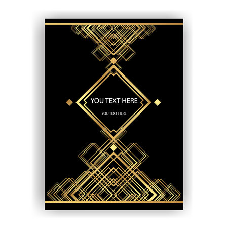 Art Deco template golden-black, A4 page, menu, card, invitation, Sun and city lights in a ArtDeco/Art Nuvo style, beautiful bakcground .のイラスト素材