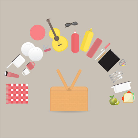 Vegan Picnic setautdoor set with picnic basket travel vector set cool weekend party no meet with family or friends for web and print flat illustrationのイラスト素材