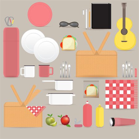Vegan Picnic setautdoor set with picnic basket travel vector set cool weekend party no meet with family or friends for web and print flat illustrationのイラスト素材