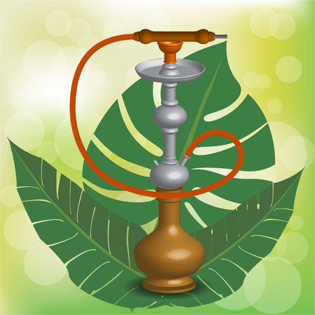 Realistic 3D  copper hookah vector ilustration  on green blurred background with exotic tropical leafes.のイラスト素材