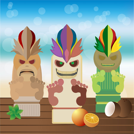 Tiki mug with exotic menu cover, flayer design for web and print . Creative background with wooden tableのイラスト素材