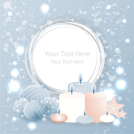 Sale business template with xmas tree balls and candles,  cute label for sale poster decoration . Beautiful cover template for Christmas card black ,silver and blue with bokeh shiny glow.のイラスト素材