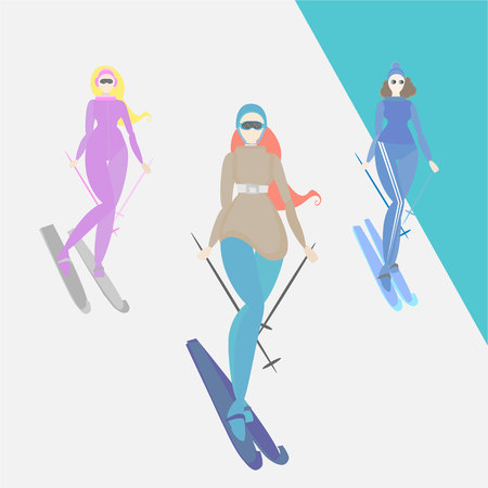Women do ski, creative cartoon funny illustration for web and print retro style skier girls , winter vacation lifestyle .のイラスト素材