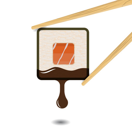 Sushi square roll logotype with salmon dipped in teriyaki sauce holded with chopsticks on white background.のイラスト素材
