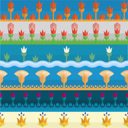 Colorful set with six seamless borders of flowers in egyptian style.のイラスト素材