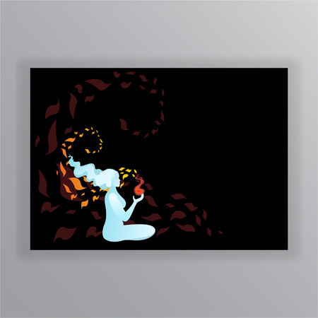 Ice cold woman spirit holding sparkling fire of love and passion energy, on black background. In standard a4 horizontal format paper format.のイラスト素材