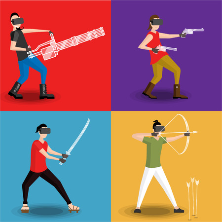 Set of four men gaming in virtual reality glasses with virtual minigun, revolver, bow and katana. in flat cartoon style.のイラスト素材