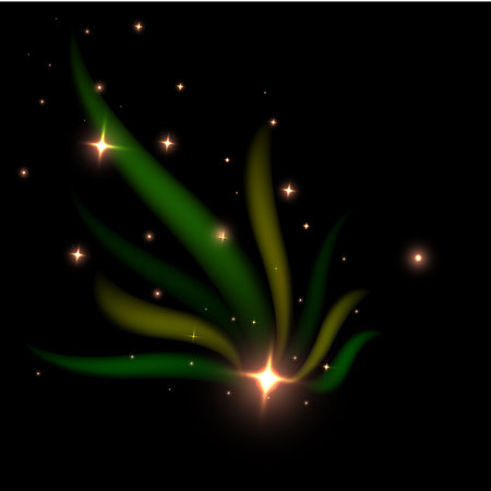 Creative green-yellow fire with colorful  flames  and neon  lights motion effect   background with with tinsel, cover poster for web and print vector modern templateのイラスト素材