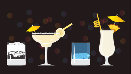White Russian, Daiquiri Pina Colada on black mirrored background with bokeh. Vector illustration for web and print,  party invitation or menu decorationのイラスト素材