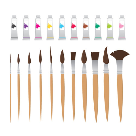 Drawing equipment and paint tubes vector elements set for web and print design. Painter, makeup master and more professional suppliesのイラスト素材