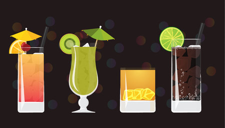 Tequila Sunrise, Kiwi Mojito, Tiger juice and Cuba libre cocktails on black mirrored background with bokeh. Vector illustration for web and print,  party invitation or menu decorationのイラスト素材