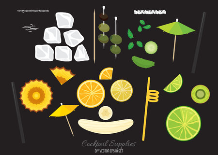 Cocktails decorations set with ice, lime, umbrelas and drink tubesのイラスト素材