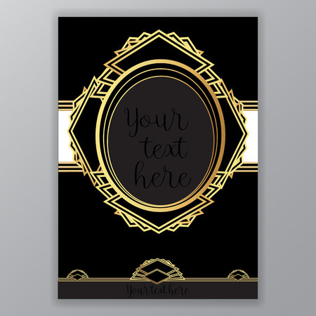 Art Deco page template, gatsby style for web and print, circle pattern with golden lines on black with grey and white elements. Modern design for menu or flyer, luxury gentelのイラスト素材